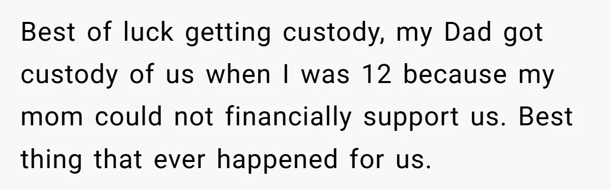 Best of luck getting custody, my Dad got custody of us when I was 12 because my mom could not financially support us. Best thing that ever happened for us.