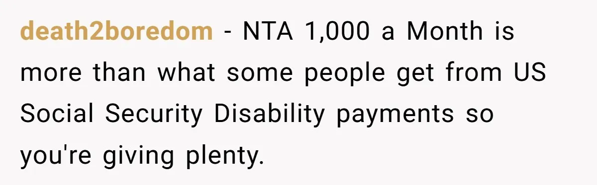 death2boredom − NTA 1,000 a Month is more than what some people get from US Social Security Disability payments so you're giving plenty.