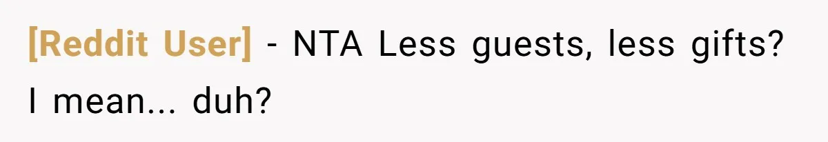 [Reddit User] − NTA Less guests, less gifts? I mean... duh?