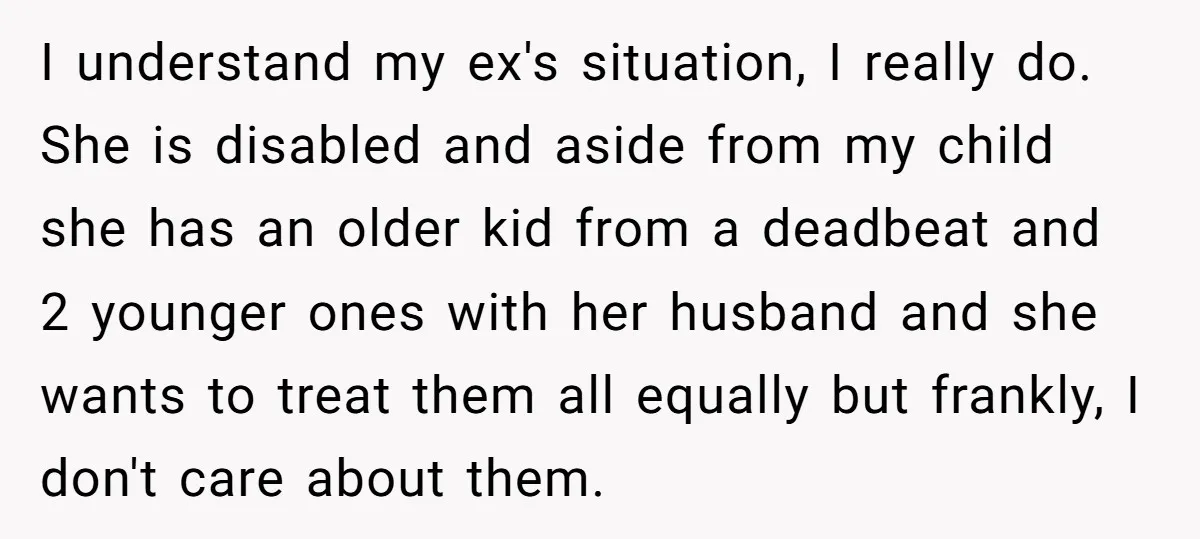 I understand my ex's situation, I really do. She is disabled and aside from my child she has an older kid from a deadbeat and 2 younger ones with her...