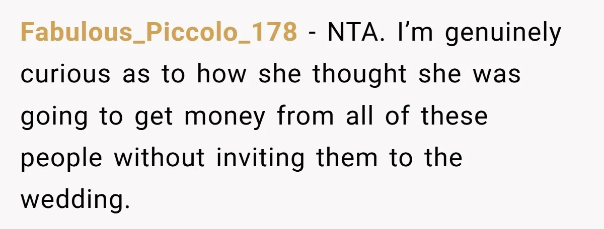 Fabulous_Piccolo_178 − NTA. I’m genuinely curious as to how she thought she was going to get money from all of these people without inviting them to the wedding.