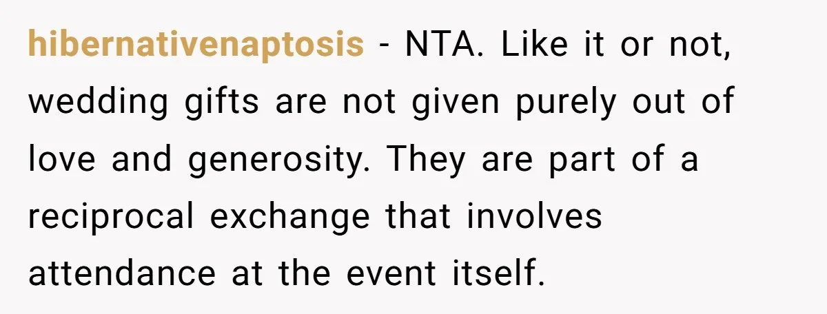 hibernativenaptosis − NTA. Like it or not, wedding gifts are not given purely out of love and generosity. They are part of a reciprocal exchange that involves attendance at the...