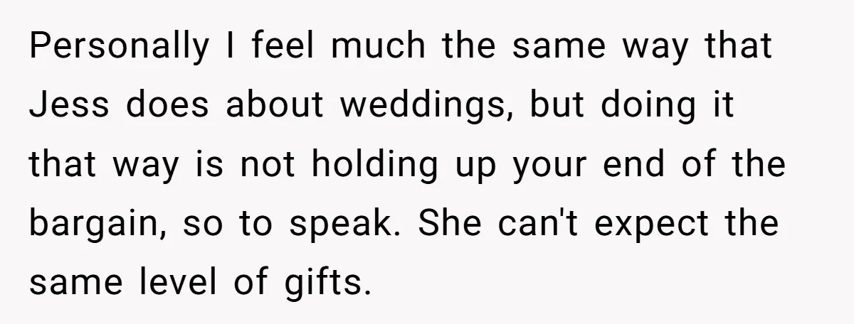 Personally I feel much the same way that Jess does about weddings, but doing it that way is not holding up your end of the bargain, so to speak. She...