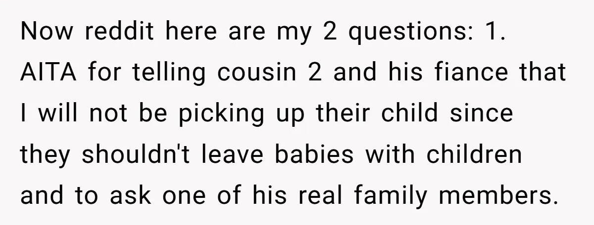 Now reddit here are my 2 questions: 1. AITA for telling cousin 2 and his fiance that I will not be picking up their child since they shouldn't leave babies...