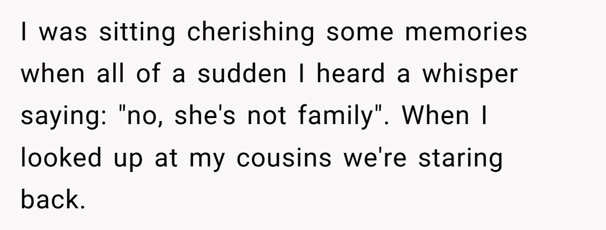 I was sitting cherishing some memories when all of a sudden I heard a whisper saying: "no, she's not family". When I looked up at my cousins we're staring back.