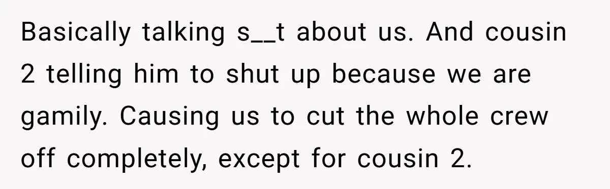 Basically talking s__t about us. And cousin 2 telling him to shut up because we are gamily. Causing us to cut the whole crew off completely, except for cousin 2.