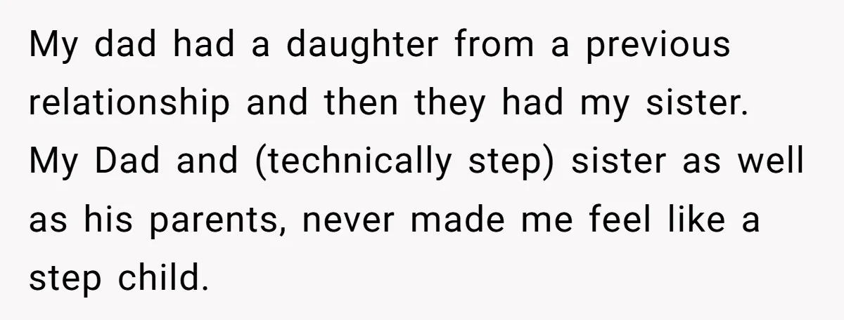 My dad had a daughter from a previous relationship and then they had my sister. My Dad and (technically step) sister as well as his parents, never made me feel...