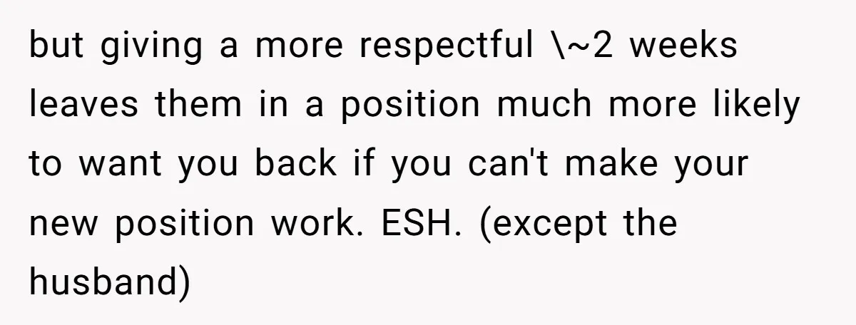 but giving a more respectful \~2 weeks leaves them in a position much more likely to want you back if you can't make your new position work. ESH. (except the...