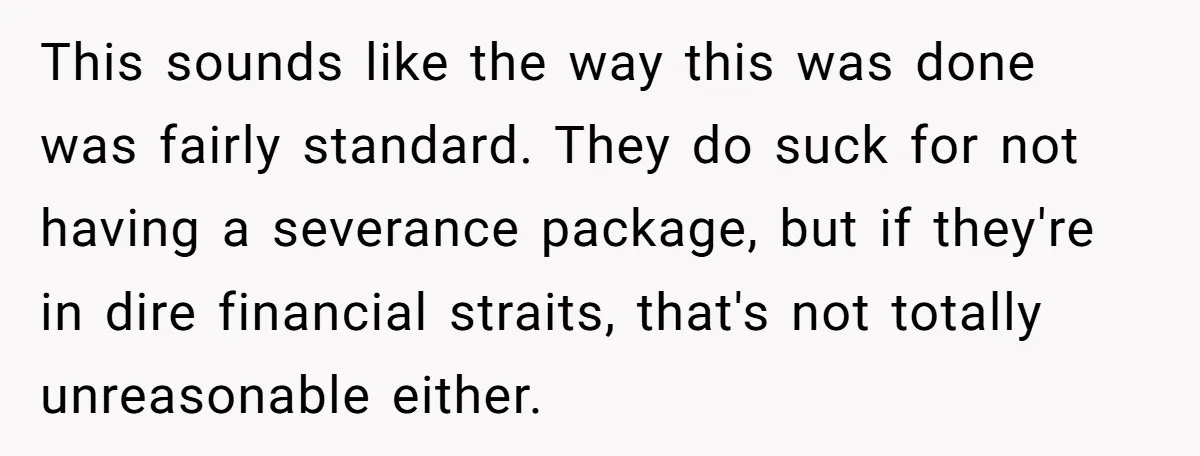 This sounds like the way this was done was fairly standard. They do suck for not having a severance package, but if they're in dire financial straits, that's not totally...