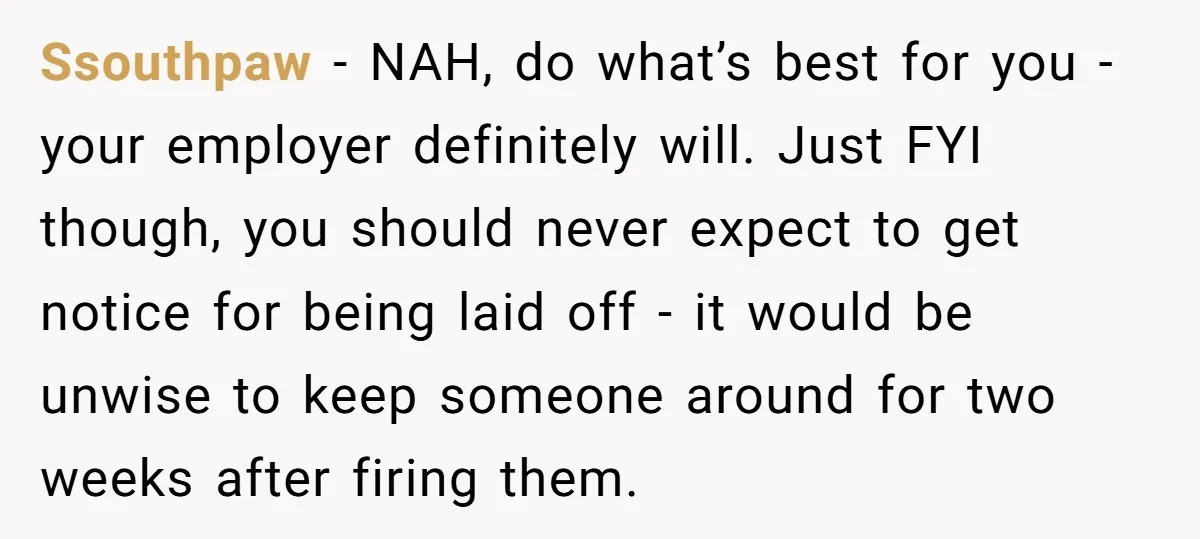 Ssouthpaw − NAH, do what’s best for you - your employer definitely will. Just FYI though, you should never expect to get notice for being laid off - it would...