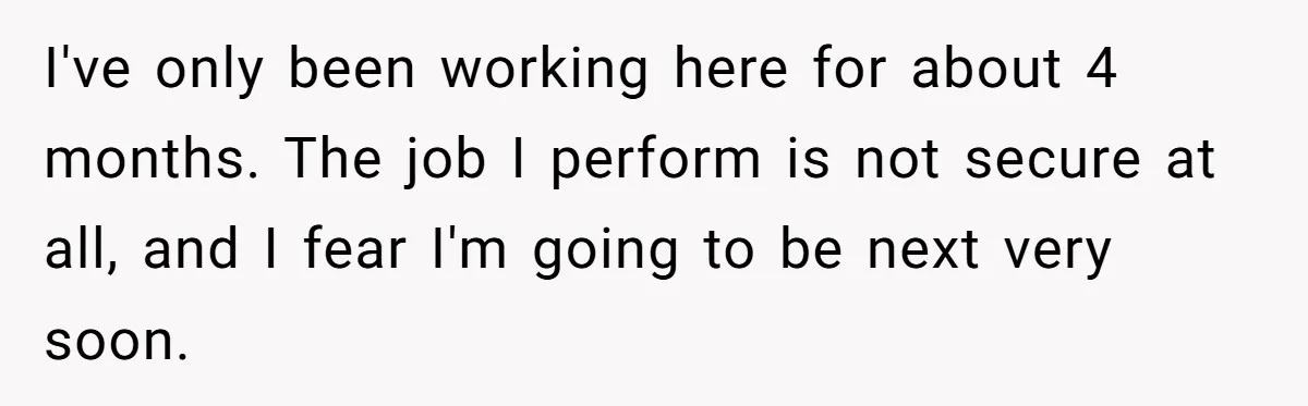 I've only been working here for about 4 months. The job I perform is not secure at all, and I fear I'm going to be next very soon.