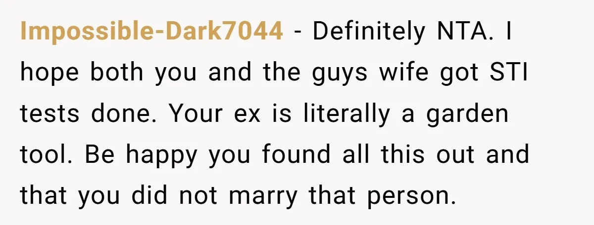 Impossible-Dark7044 − Definitely NTA. I hope both you and the guys wife got STI tests done. Your ex is literally a garden tool. Be happy you found all this out...
