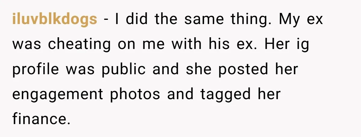 iluvblkdogs − I did the same thing. My ex was cheating on me with his ex. Her ig profile was public and she posted her engagement photos and tagged her...