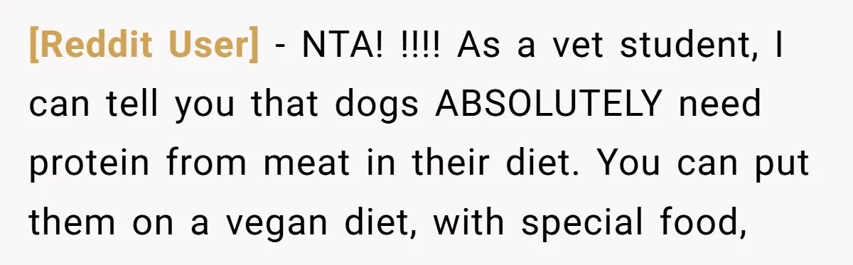 [Reddit User] − NTA! !!!! As a vet student, I can tell you that dogs ABSOLUTELY need protein from meat in their diet. You can put them on a vegan...