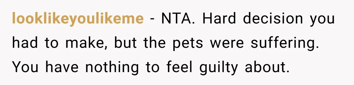 looklikeyoulikeme − NTA. Hard decision you had to make, but the pets were suffering. You have nothing to feel guilty about.