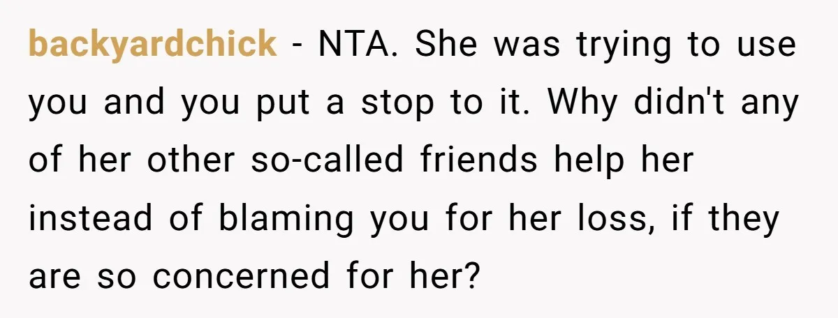 backyardchick − NTA. She was trying to use you and you put a stop to it. Why didn't any of her other so-called friends help her instead of blaming you...