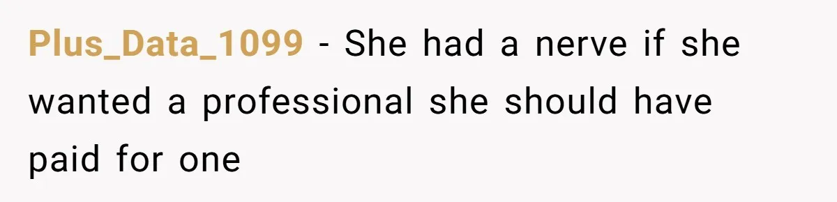 Plus_Data_1099 − She had a nerve if she wanted a professional she should have paid for one