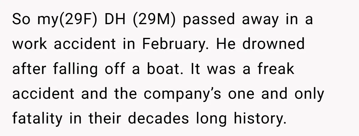 So my(29F) DH (29M) passed away in a work accident in February. He drowned after falling off a boat. It was a freak accident and the company’s one and only...