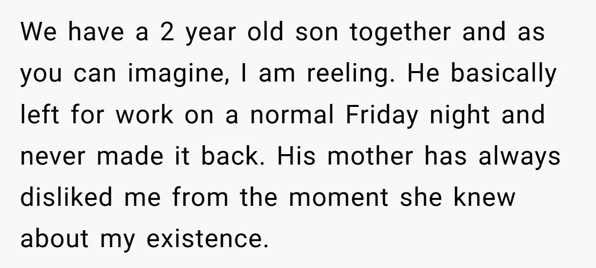 We have a 2 year old son together and as you can imagine, I am reeling. He basically left for work on a normal Friday night and never made it...