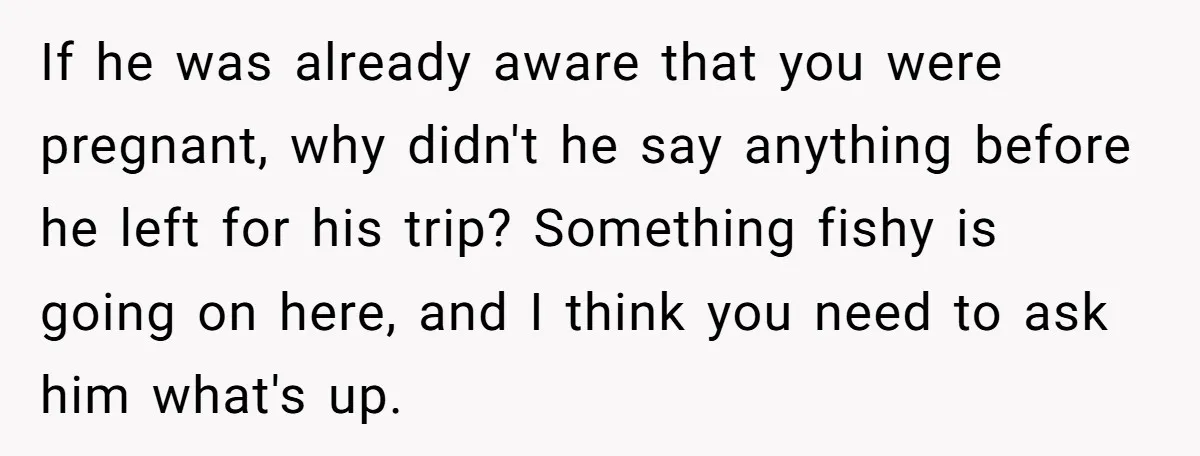 If he was already aware that you were pregnant, why didn't he say anything before he left for his trip? Something fishy is going on here, and I think you...