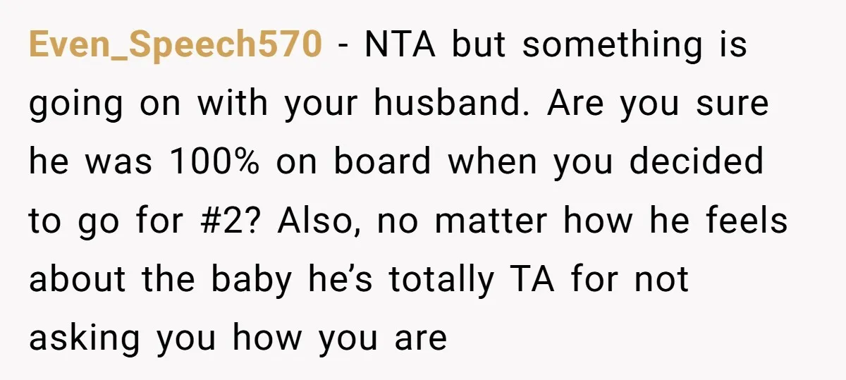 Even_Speech570 − NTA but something is going on with your husband. Are you sure he was 100% on board when you decided to go for #2? Also, no matter how...