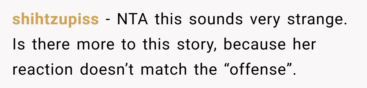 shihtzupiss − NTA this sounds very strange. Is there more to this story, because her reaction doesn’t match the “offense”.