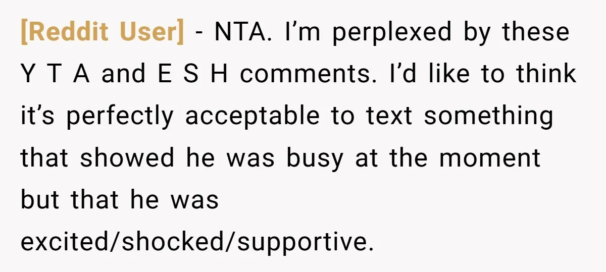 [Reddit User] − NTA. I’m perplexed by these Y T A and E S H comments. I’d like to think it’s perfectly acceptable to text something that showed he was...