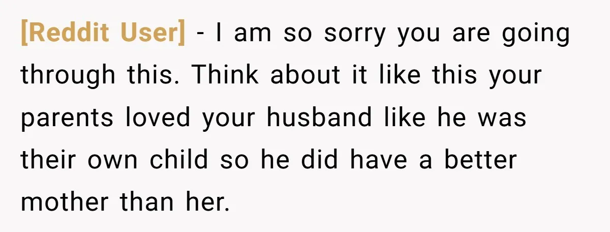 [Reddit User] − I am so sorry you are going through this. Think about it like this your parents loved your husband like he was their own child so he...