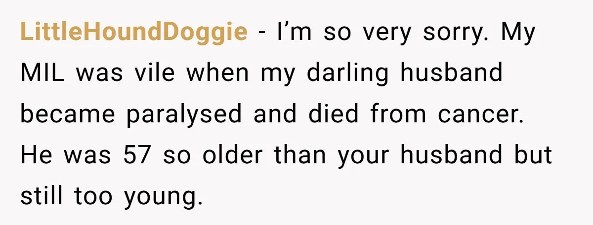 LittleHoundDoggie − I’m so very sorry. My MIL was vile when my darling husband became paralysed and died from cancer. He was 57 so older than your husband but still...
