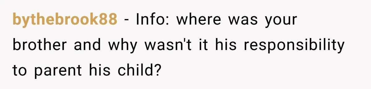 bythebrook88 − Info: where was your brother and why wasn't it his responsibility to parent his child?