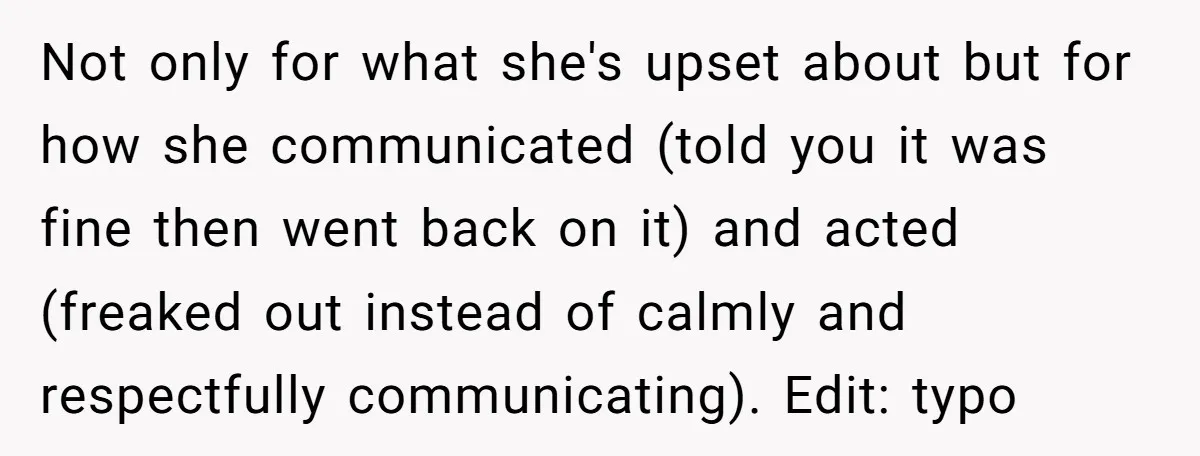 Not only for what she's upset about but for how she communicated (told you it was fine then went back on it) and acted (freaked out instead of calmly and...