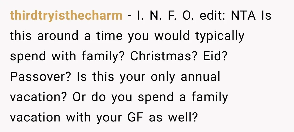 thirdtryisthecharm − I. N. F. O. edit: NTA Is this around a time you would typically spend with family? Christmas? Eid? Passover? Is this your only annual vacation? Or do...