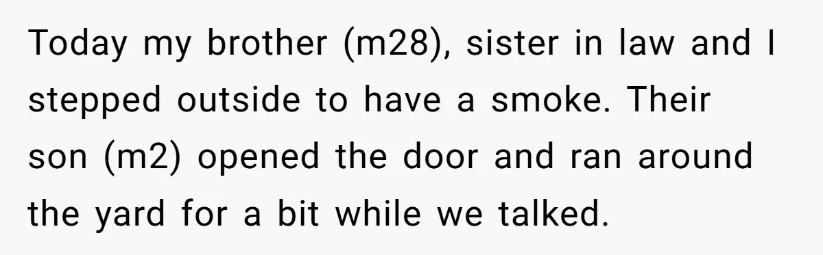 Today my brother (m28), sister in law and I stepped outside to have a smoke. Their son (m2) opened the door and ran around the yard for a bit while...