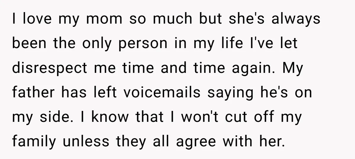 I love my mom so much but she's always been the only person in my life I've let disrespect me time and time again. My father has left voicemails saying...