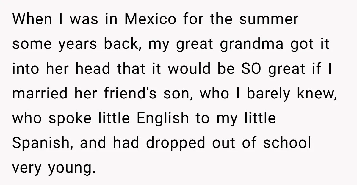 When I was in Mexico for the summer some years back, my great grandma got it into her head that it would be SO great if I married her friend's...