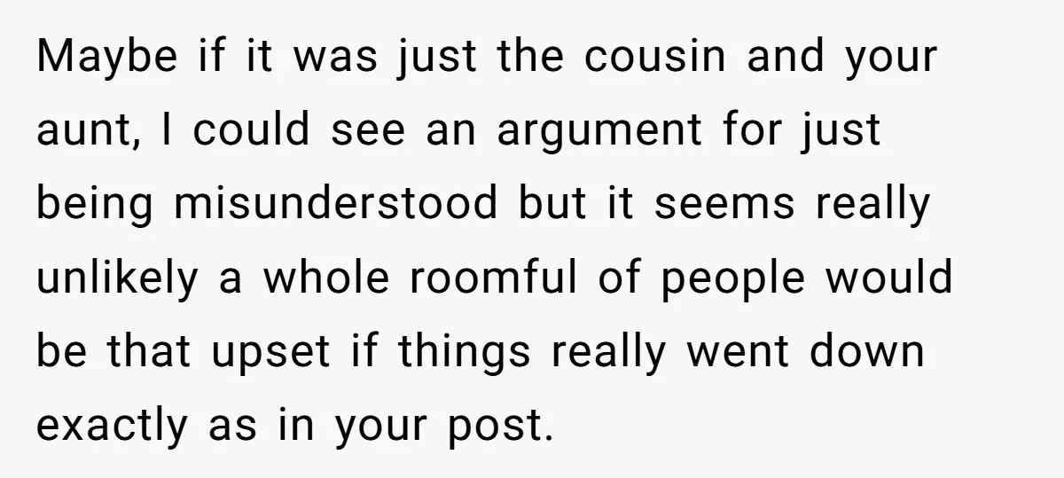Maybe if it was just the cousin and your aunt, I could see an argument for just being misunderstood but it seems really unlikely a whole roomful of people would...