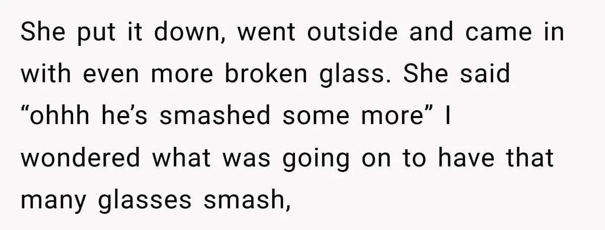 She put it down, went outside and came in with even more broken glass. She said “ohhh he’s smashed some more” I wondered what was going on to have that...