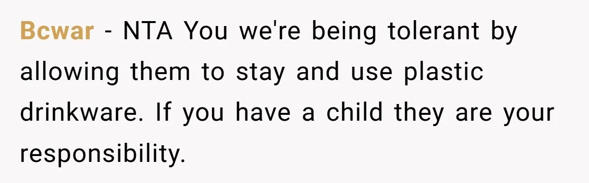 Bcwar − NTA You we're being tolerant by allowing them to stay and use plastic drinkware. If you have a child they are your responsibility.