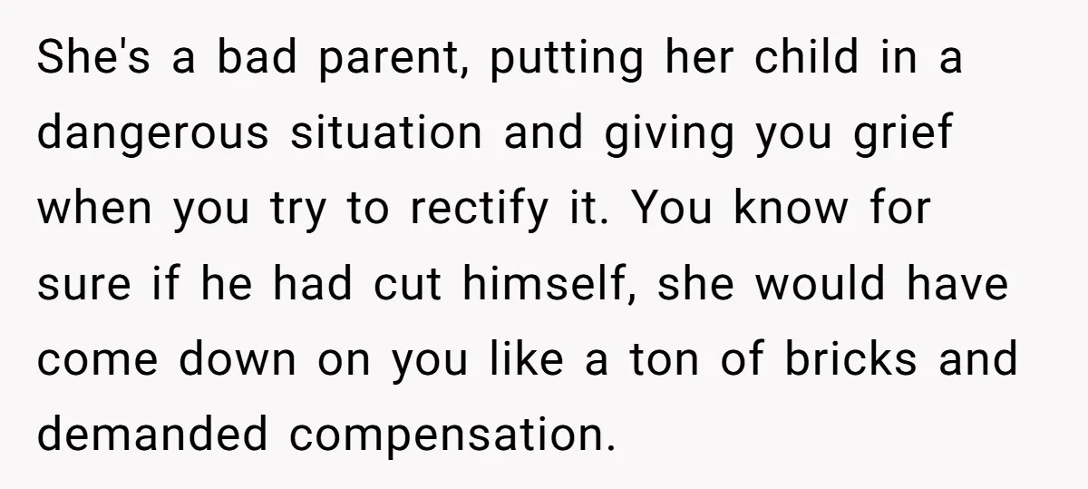 She's a bad parent, putting her child in a dangerous situation and giving you grief when you try to rectify it. You know for sure if he had cut himself,...
