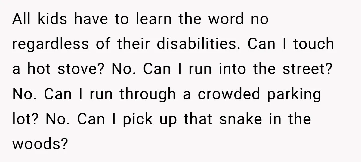 All kids have to learn the word no regardless of their disabilities. Can I touch a hot stove? No. Can I run into the street? No. Can I run through...