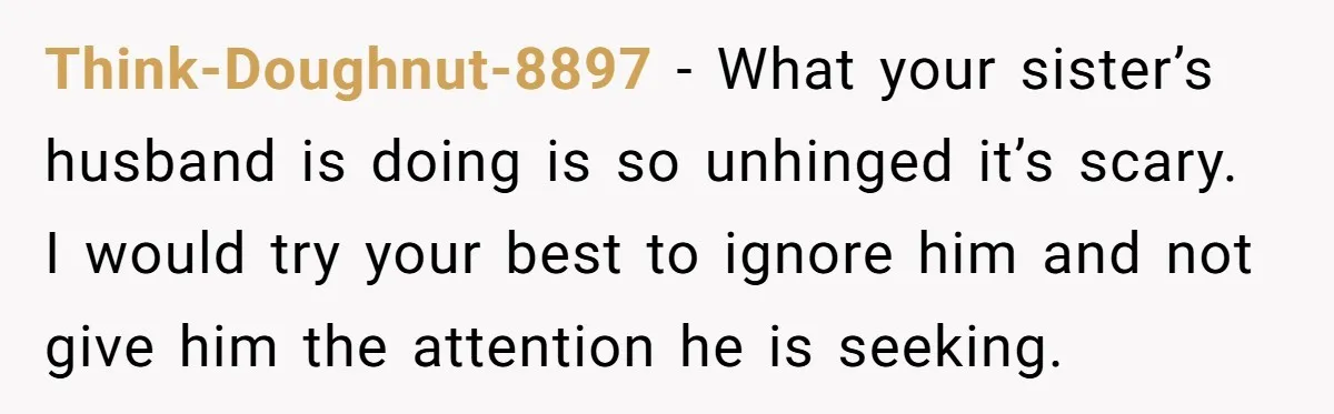 Think-Doughnut-8897 − What your sister’s husband is doing is so unhinged it’s scary. I would try your best to ignore him and not give him the attention he is seeking.