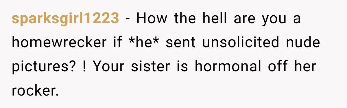 sparksgirl1223 − How the hell are you a homewrecker if *he* sent unsolicited nude pictures? ! Your sister is hormonal off her rocker.
