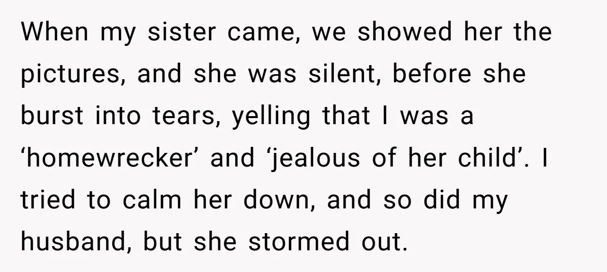 When my sister came, we showed her the pictures, and she was silent, before she burst into tears, yelling that I was a ‘homewrecker’ and ‘jealous of her child’. I...