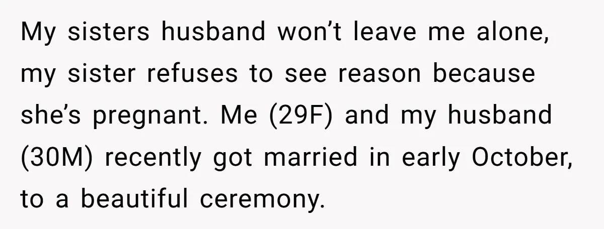 My sisters husband won’t leave me alone, my sister refuses to see reason because she’s pregnant. Me (29F) and my husband (30M) recently got married in early October, to a...