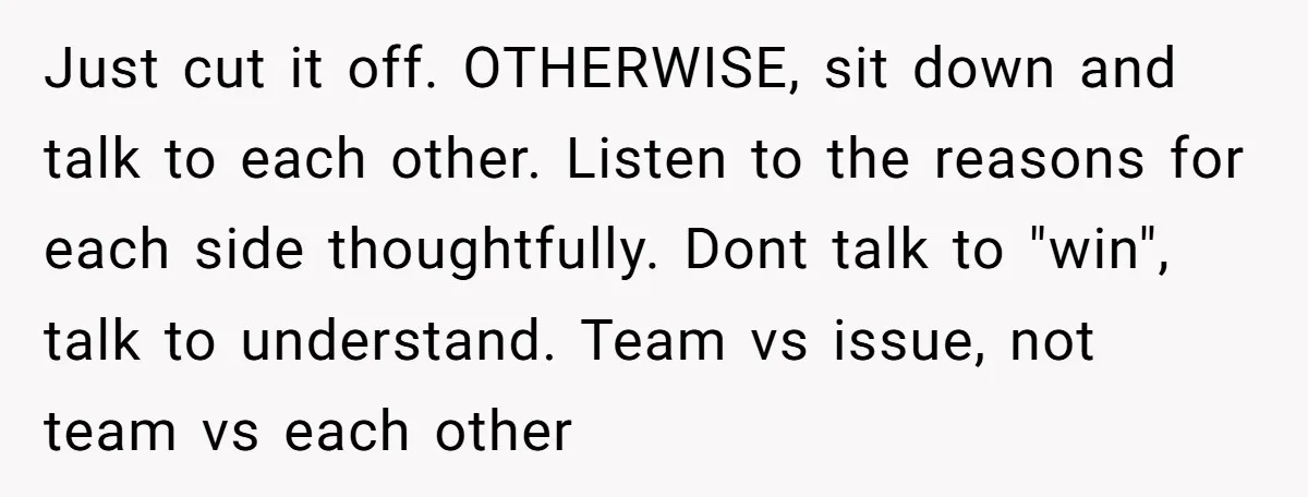 Just cut it off. OTHERWISE, sit down and talk to each other. Listen to the reasons for each side thoughtfully. Dont talk to "win", talk to understand. Team vs issue,...