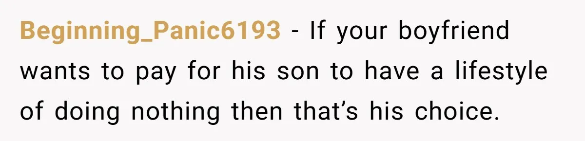 Beginning_Panic6193 − If your boyfriend wants to pay for his son to have a lifestyle of doing nothing then that’s his choice.