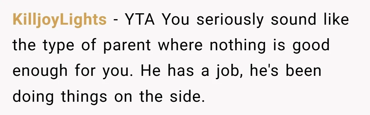 KilljoyLights − YTA You seriously sound like the type of parent where nothing is good enough for you. He has a job, he's been doing things on the side.