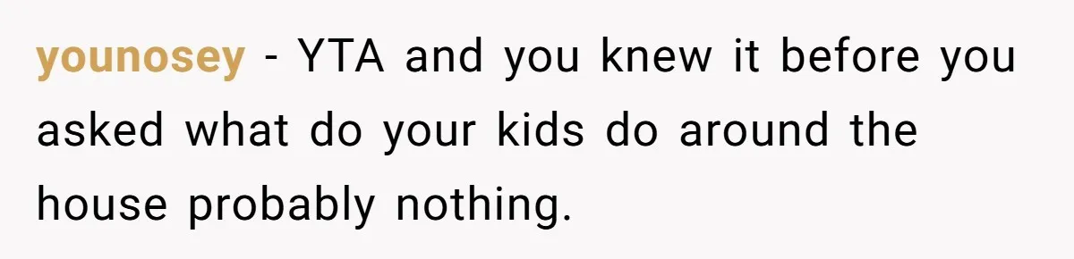 younosey − YTA and you knew it before you asked what do your kids do around the house probably nothing.
