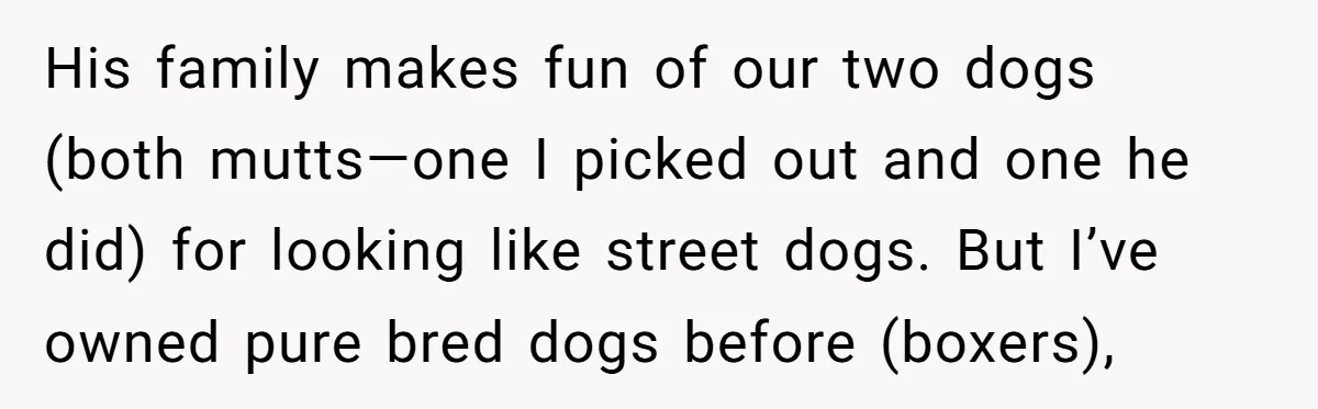 His family makes fun of our two dogs (both mutts—one I picked out and one he did) for looking like street dogs. But I’ve owned pure bred dogs before (boxers),