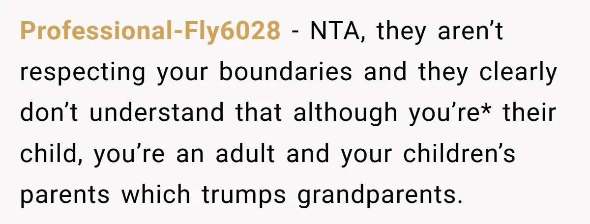 Professional-Fly6028 − NTA, they aren’t respecting your boundaries and they clearly don’t understand that although you’re* their child, you’re an adult and your children’s parents which trumps grandparents.